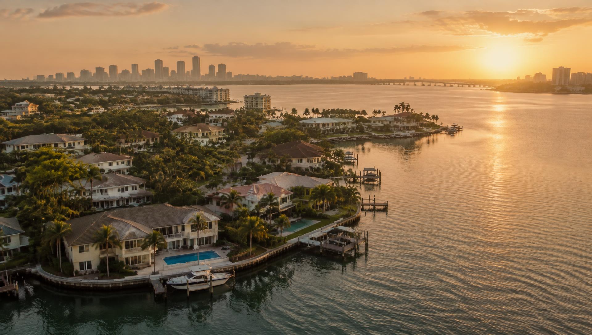 Tampa Bay waterfront homes at sunset